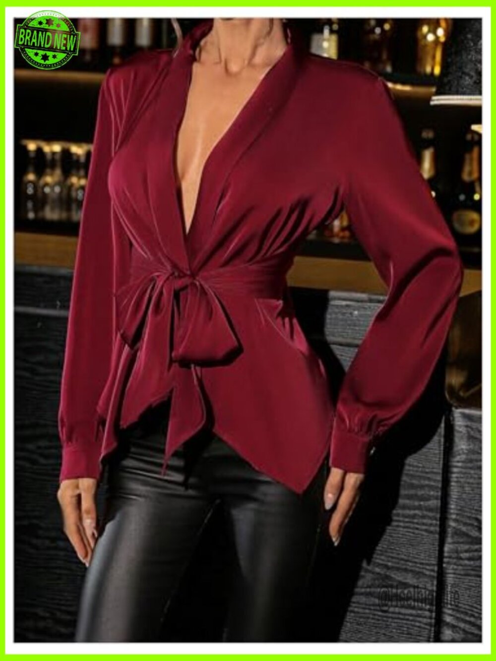 Deep V Neck Satin Blouse Long Sleeve Tie Waist Wrap Shirt Top - Picture 3 of 5
